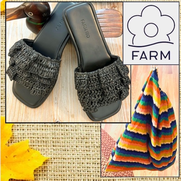 Farm Rio,Ruffle Crochet Slide Sandals,Tri-Layered Weave,w/Farm-Rio Bag, Size 8 - Picture 1 of 7